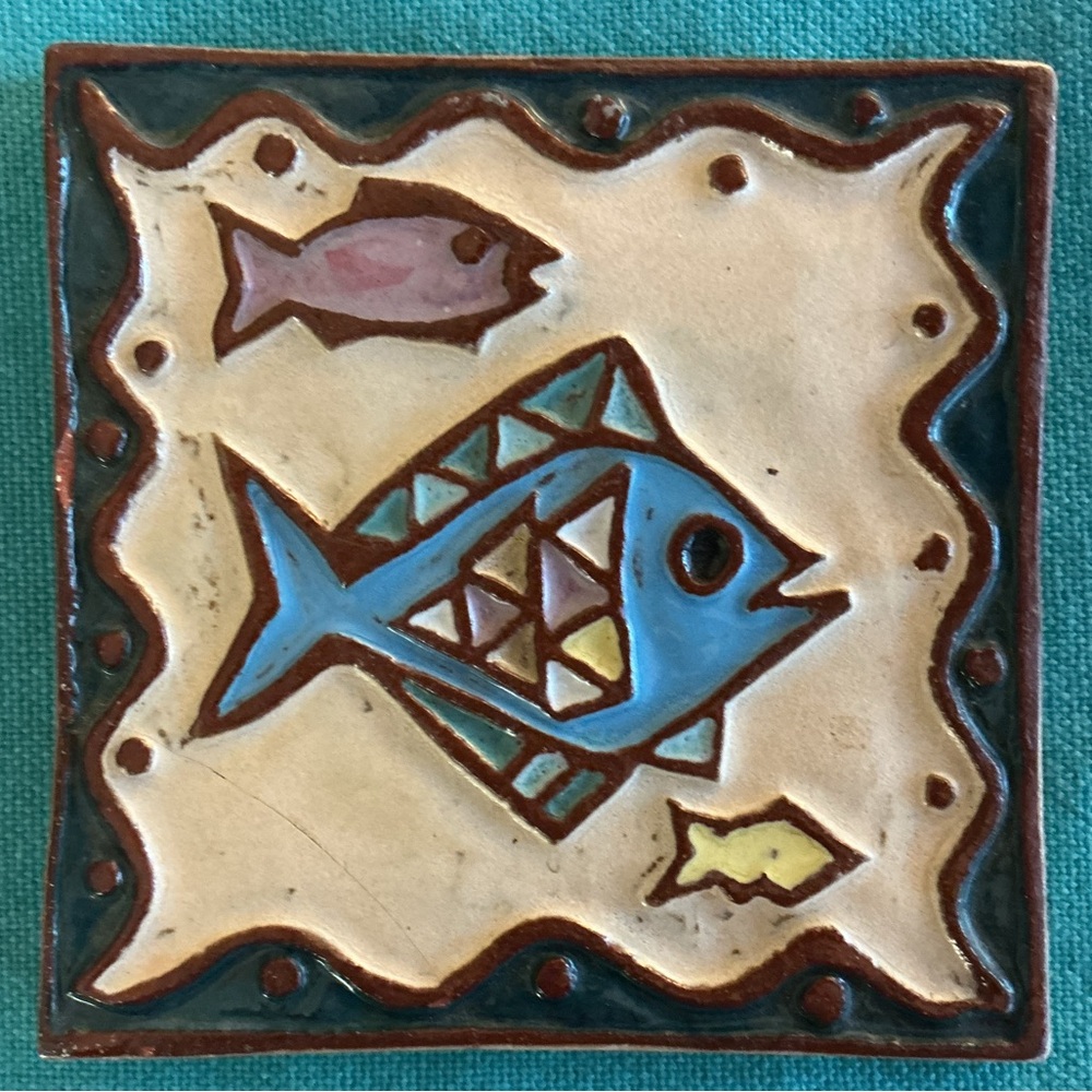 Unique Colorful Fish Themed Clay Tile Trivet Art Wall Hanging